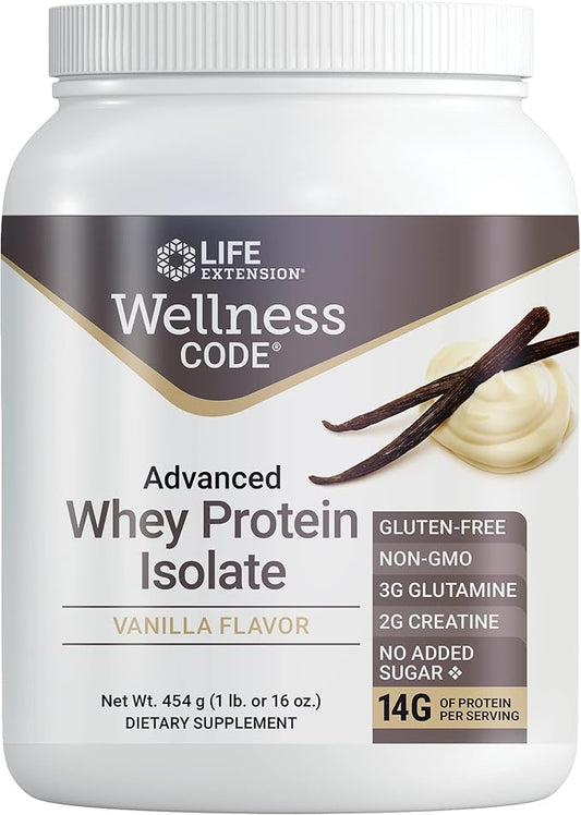 Life Extension Wellness Code® Advanced Whey Protein Isolate (Vanilla), creatine, glutamine, Mix for Muscle Growth & Immune Health, no Sugar Added, Gluten Free, Non-GMO, 454 Grams, 20 Servings