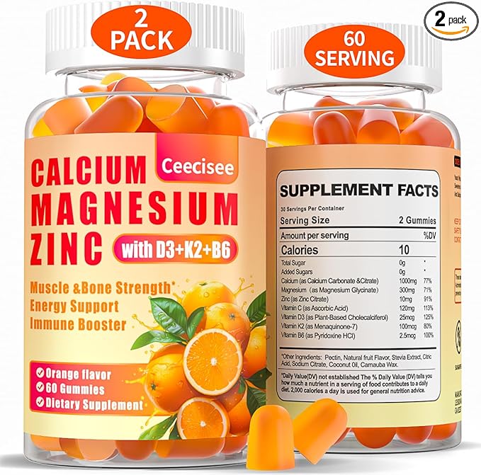 Calcium Magnesium Zinc Gummies with D3 &B6 &K2,1000mg Calcium Gummies with 300mg Magnesium Support Bone & Muscle for Adults and Teens,Sugar Free (60 Count (Pack of 2))