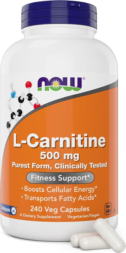 NOW Foods L-Carnitine 500 mg, 240 Veg Caps - Fitness Support* - Purest Form - Non-GMO - Vegan/Vegetarian - 500mg Capsules - Amino Acid Health Supplement