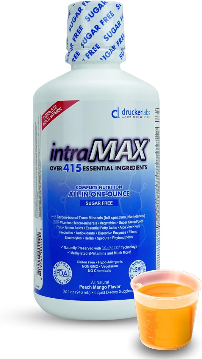 DRUCKER Labs - IntraMAX 2.0 Organic Liquid Trace Minerals, Liquid Multivitamin for Men and Women, Non GMO, Dairy Free, Gluten Free, Magnesium, Zinc, Vitamin D, C, E, Sugar Free (32 oz., Unsweetened)