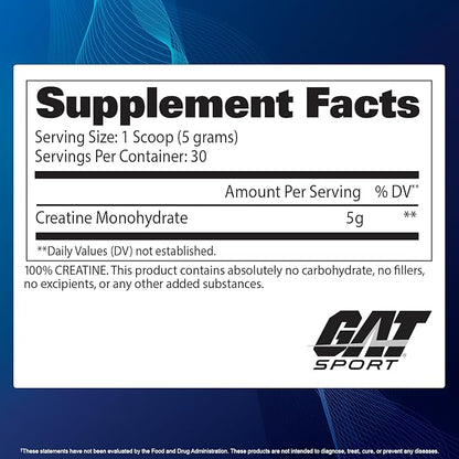 GAT SPORT Creatine Monohydrate Powder, Strength, Brain Health, Anti-oxidant, Endurance, for Men & Women, Unflavored (30 Servings)