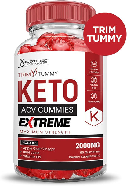 (5 Pack) Trim Tummy Keto ACV Gummies Extreme 2000MG Trim Tummy Keto Gummies Apple Cider Vinegar Formulated with Pomegranate Beet Juice Powder B12 Vegan Non GMO 300 Gummys