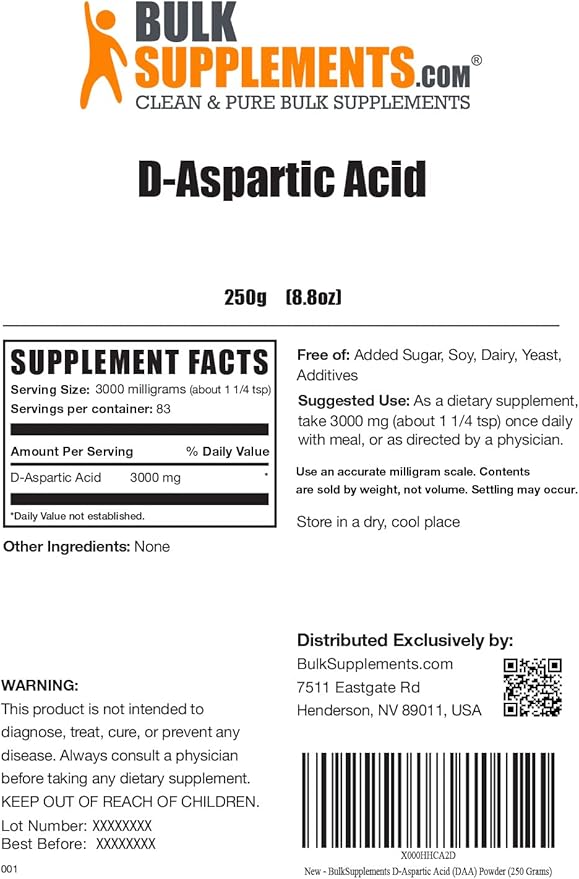 BulkSupplements.com D-Aspartic Acid Powder - DAA Supplement for Men & Women, D-Aspartic Acid 3000mg - Unflavored & Gluten Free, 3000mg per Serving, 250g (8.8 oz) (Pack of 1)