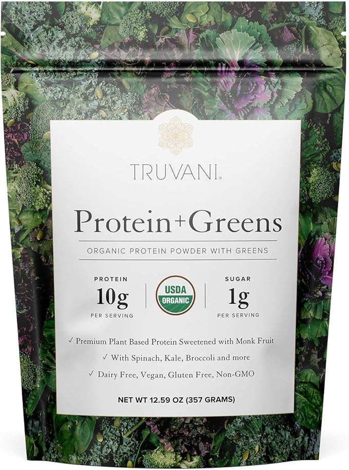 Truvani Protein + Greens Supplement | Spinach, Kale & Broccoli | 10g Organic Plant Based Protein | 20 Servings | USDA Organic | Gluten & Dairy Free | Vegan | No Added Sugar