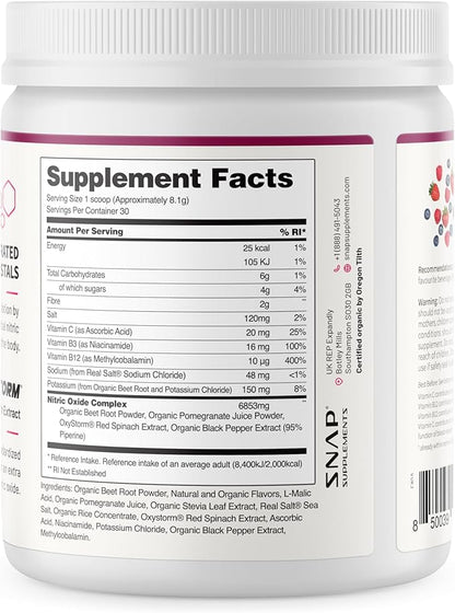 Snap Supplements USDA Organic Beet Root Powder, 3-in-1 Nitric Oxide Supplement, Support Healthy Blood Pressure and Blood Circulation, 250g (Mixed Berry)