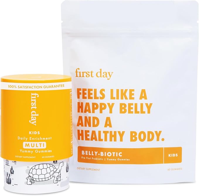 FIRST DAY Kids Daily Multivitamin + Tribiotic Gummies – Vitamin A, D3, B6, B12, C, Pre+, Post+, Probiotics & More to Support Growth, Brain Function, Immunity, Digestion – Low Sugar – 30 Day Supply