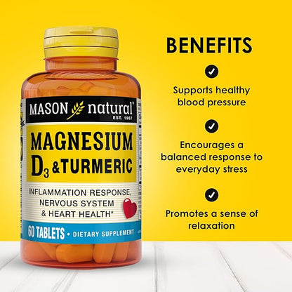 MASON NATURAL Magnesium & Vitamin D3 with Turmeric, 60 Day Supply Dietary Supplement with 500 mg Magnesium, 3000 IU Vitamin D3, and 150 mg Turmeric