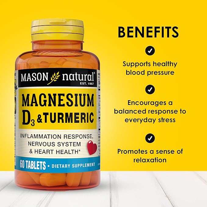 MASON NATURAL Magnesium & Vitamin D3 with Turmeric - Healthy Heart and Nervous System, Strengthens Bones and Muscles, Improved Joint Health, 60 Tablets (Pack of 3)