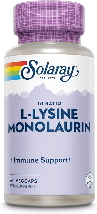 Solaray L-Lysine Monolaurin Immune Support Supplement, 1:1 Ratio for Immune System Function, Skin and Gut Health Support, 500 mg Each, 60-Day Money Back Guarantee, 30 Servings, 60 VegCaps