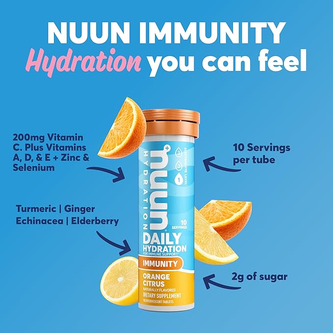 Nuun Hydration Immunity Electrolyte Tablets With 200mg Vitamin C, Blueberry Tangerine + Orange Citrus Flavors, 5 Essential Electrolytes for Hydration, Vegan, Non-GMO, 2 Pack (20 Servings)