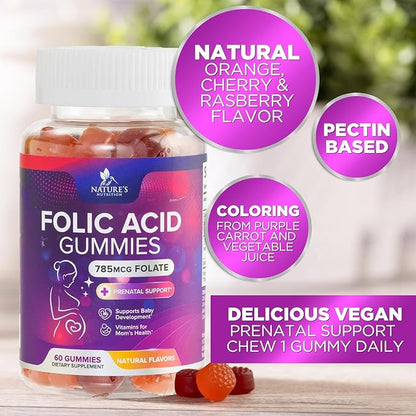 Folic Acid Gummies for Women 785 mcg, Essential Prenatal Vitamins for Mom & Baby, Vegan Folic Supplement Gummy, Vitamin B9 Chewable Extra Strength Folate, Before During After Pregnancy - 60 Gummies