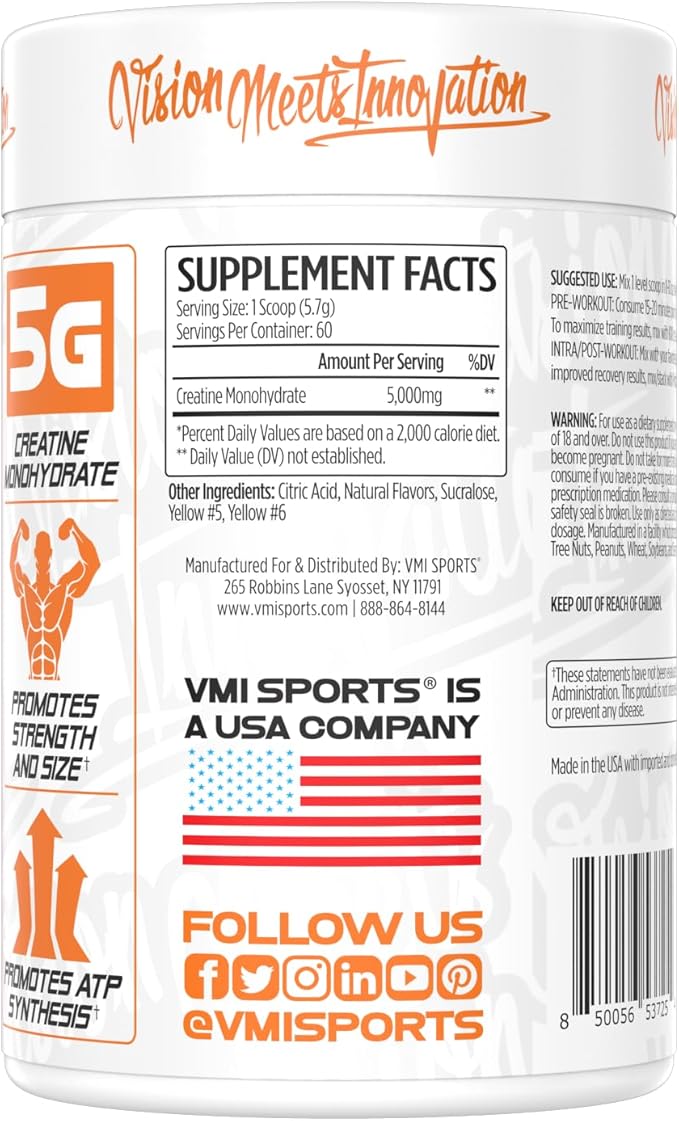 VMI Sports Creatine Monohydrate Powder Muscle Mass – Strength – Size – Power | 5 Grams per Serving (60 Servings, Peach Mango Rings)
