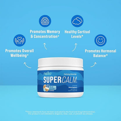 Nello Supercalm Powdered Drink Mix, Blue Coconut, L Theanine, Ksm-66 Ashwagandha, Magnesium Glycinate, Vitamin D 3, Supplements for Relaxation & Focus, No Sugar, Non GMO, Vegan, On The Go, 30 Srvgs