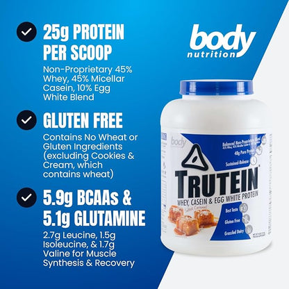 Body Nutrition Trutein High Protein Powder: 45% Whey, 45% Casein, 10% Egg White, Gluten-Free, Low Sodium, Grass Fed Whey Protein Powder, Gym Supplement & Breakfast Shake, Salted Caramel, 4lb