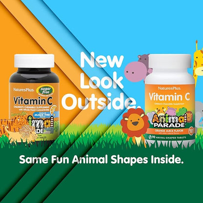 Natures Plus Animal Parade Sugar-Free Children's Vitamin C, Natural Orange Juice Flavor - 90 Chewable Animal Shaped Tablets - Immune Support - Gluten Free - 45 Servings