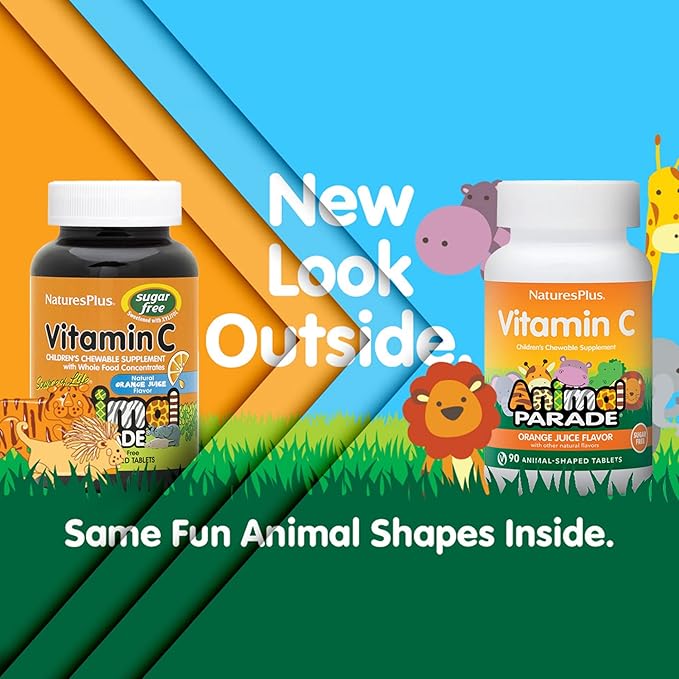 NaturesPlus Animal Parade Sugar-Free Children's Vitamin C, Natural Orange Juice Flavor - 90 Chewable Animal Shaped Tablets, Pack of 2 - Immune Support - Gluten Free - 90 Servings