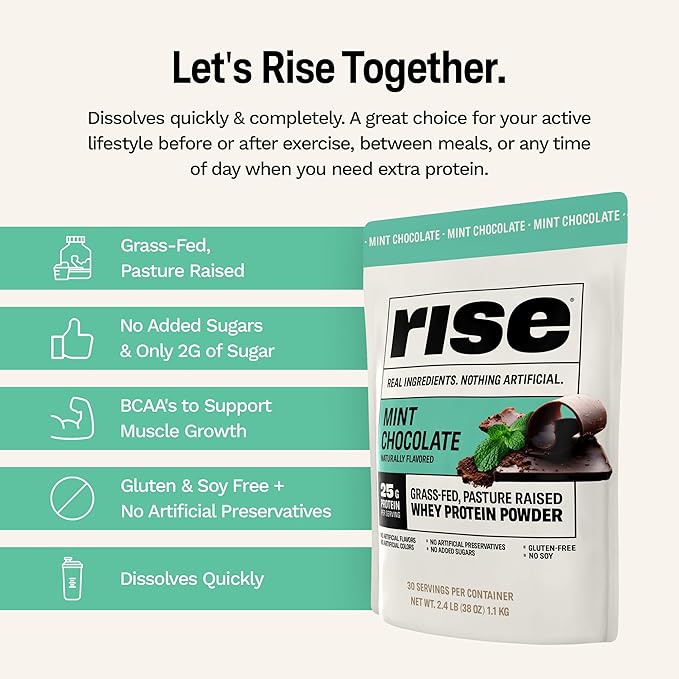 Rise Grass-Fed Whey Protein Powder - Mint Chocolate | 25g Protein No Artificial Flavors, Colors, or Preservatives - Sugar Free, Gluten-Free, Soy Free (2.4 lbs)