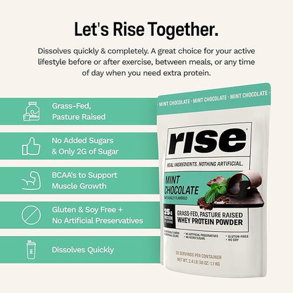 Rise Grass-Fed Whey Protein Powder - Mint Chocolate | 25g Protein No Artificial Flavors, Colors, or Preservatives - Sugar Free, Gluten-Free, Soy Free (2.4 lbs)