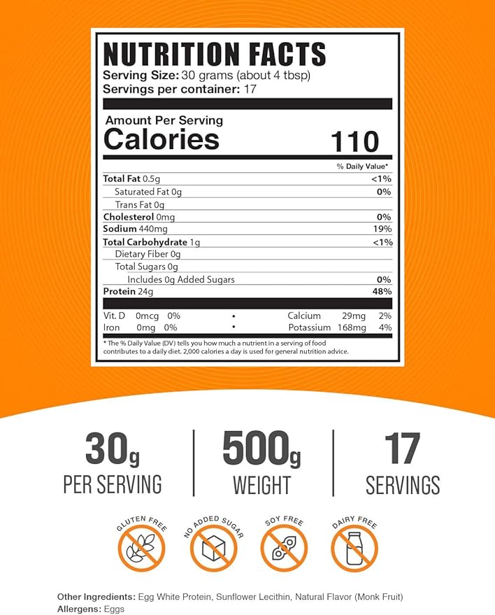 BulkSupplements.com Egg White Protein Powder - Egg White Powder, Lactose Free & Dairy Free Protein Powder - Unflavored & Gluten Free, 30g per Serving, 500g (1.1 lbs) (Pack of 1)