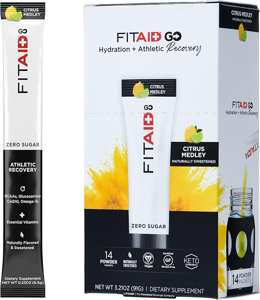 FITAID GO ZERO SUGAR Recovery Hydration Packet, W/ BCAAs, Glucosamine, Electrolytes, Omega-3s, 100% Clean, Keto-friendly, Vegan & Gluten-Free, 5 calories, Naturally Sweetened, 14 pack