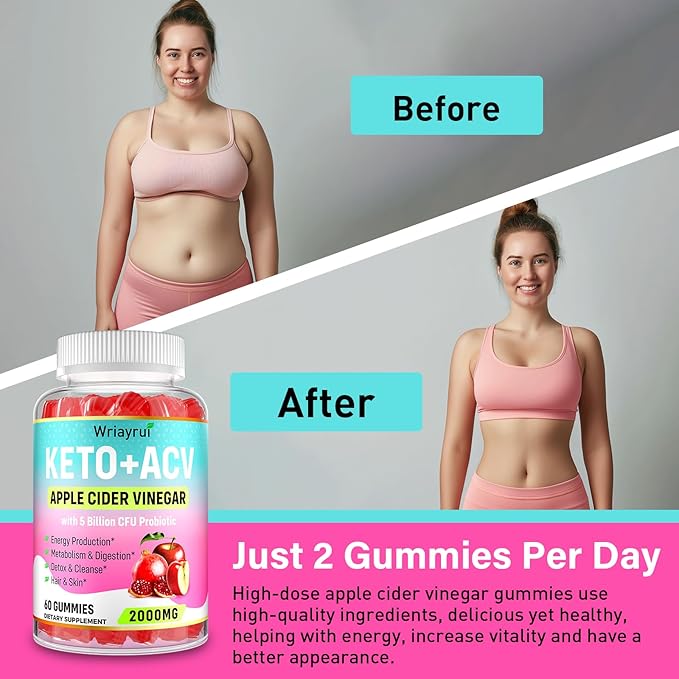 Apple Cider Vinegar Gummies, Fast Ripped Keto ACV Gummies, Max Strength 2000mg, Formulated with Green Tea, Probiotics, B6 & B12, ACV Gummies for Metabolism, Digestion, Detox & Cleanse, 180 Gummies