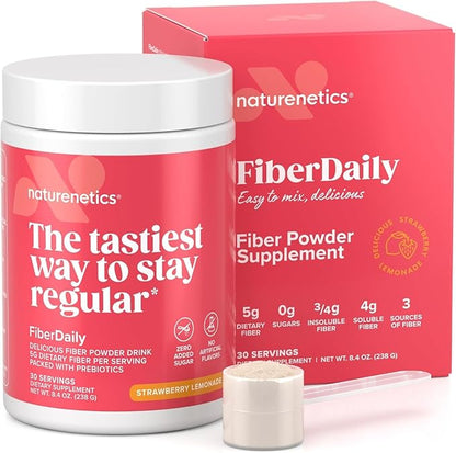 FiberDaily Delicious Fiber Powder - Organic Psyllium Husk, Agave Inulin & Sunfiber® Guar Gum Strawberry Lemonade Drink, Sugar-Free, Soluble Fiber, Prebiotic Fiber Supplement, Vegan, 30 Servings