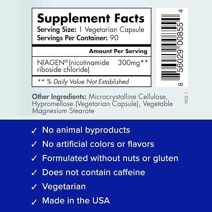 TRU NIAGEN Patented NAD+ Supplement for Anti Aging and Cell Regeneration, 300 mg Niagen, 90 Servings | Supports Cellular Energy, Brain, Muscle | Nicotinamide Riboside (NR) Take 1 Daily | 2 Bottles