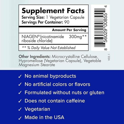TRU NIAGEN Patented NAD+ Supplement for Anti Aging and Cell Regeneration, 300 mg Niagen, 90 Servings | Supports Cellular Energy, Brain, Muscle | Nicotinamide Riboside (NR) Take 1 Daily | 1 Bottle