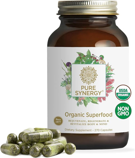 PURE SYNERGY Superfood Capsules | Organic Superfood & Greens Supplement | Whole Food Capsules with Super Greens, Spirulina, & Mushrooms | for Energy, Healthy Aging & Immune Health (270 Capsules)