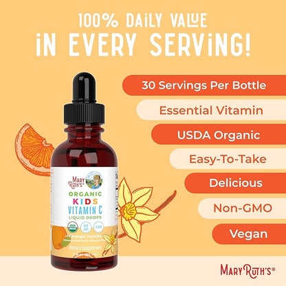 USDA Organic Kids Vitamin C Drops by MaryRuth’s | Vegan Vitamin C Immune Support Supplement for Ages 4-13 | Immune Support & Overall Health | Vitamin C from Organic Acerola Fruit Extract | 2oz