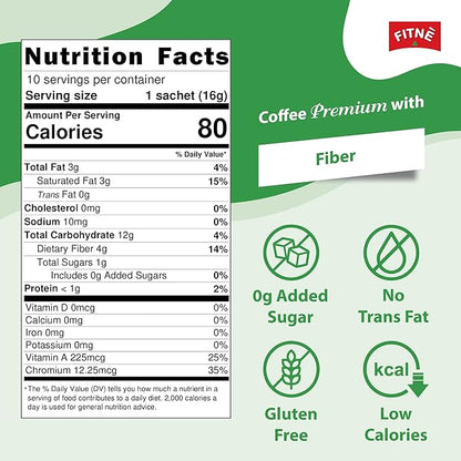 FITNE Premium Instant Coffee Packets Mix With Fiber 4,000 mg Collagen Cactus Extract L-Carnitine High Chromium No Sugar Sucralose Sweetener, 10 Sticks