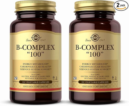 Solgar B-Complex "100" - 100 Vegetable Capsules, Pack of 2 - Energy Metabolism, Cardiovascular Health, Nervous System Support - Non-GMO, Vegan, Gluten Free - 200 Total Servings