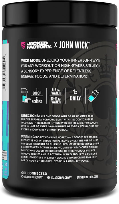 Jacked Factory X John Wick - Wick Mode Pre Workout Powder - Intense Energy, Battle-Ready Focus, Unstoppable Commitment, and Sheer Will - 40 Servings, Baba Yaga Blue Raz