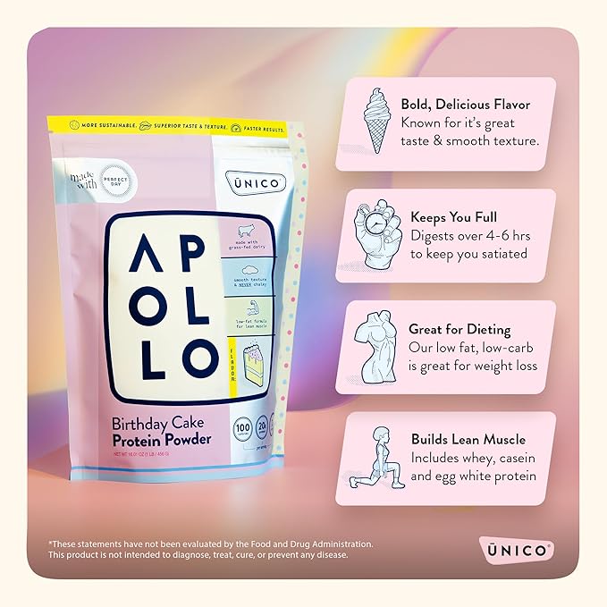 Unico Apollo Banana Cream Pie Protein Powder - 20g Whey, Casein, Egg White Formula | Keeps You Full for 6 Hours | Decadent Flavor & Non-Chalky Texture | 100 cals per Serving