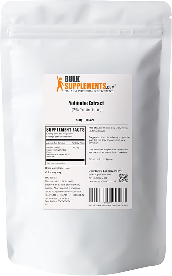 BulkSupplements.com Yohimbe Extract Powder - Yohimbe Bark Extract, Yohimbe Supplements, Yohimbe Bark Powder - Herbal Supplement, Gluten Free, 450mg per Serving, 500g (1.1 lbs) (Pack of 1)