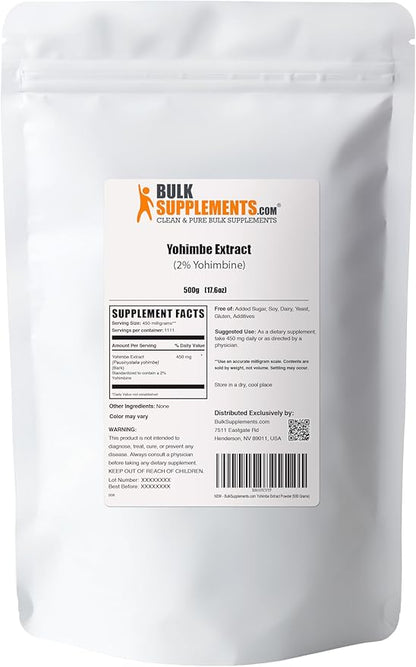 BulkSupplements.com Yohimbe Extract Powder - Yohimbe Bark Extract, Yohimbe Supplements, Yohimbe Bark Powder - Herbal Supplement, Gluten Free, 450mg per Serving, 500g (1.1 lbs) (Pack of 1)