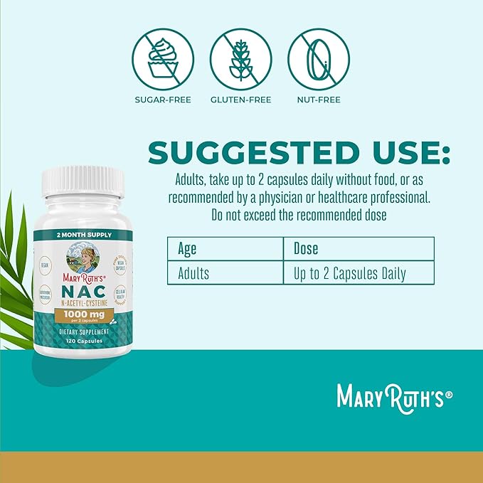 MaryRuth Organics Nutritional Supplement Capsule, N-Acetyl Cysteine, 2 Month Supply, NAC 1000mg Per Serving, Vegan, Non-GMO, Gluten Free, 120 Count