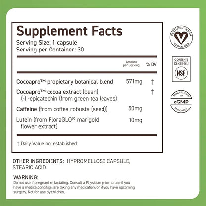 CocoaVia Memory & Focus Brain Supplement, 30 Day, Cocoa Flavanol Blend, Lutein, Added Caffeine for Boost. Improve Cognitive Function, Attention, Vegan & Plant Based, 30 Capsules