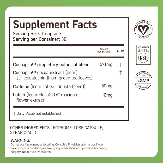 CocoaVia Memory & Focus Brain Supplement, 90 Day, Cocoa Flavanol Blend, Lutein, Added Caffeine for Boost. Improve Cognitive Function, Attention, Vegan & Plant Based, 90 Capsules