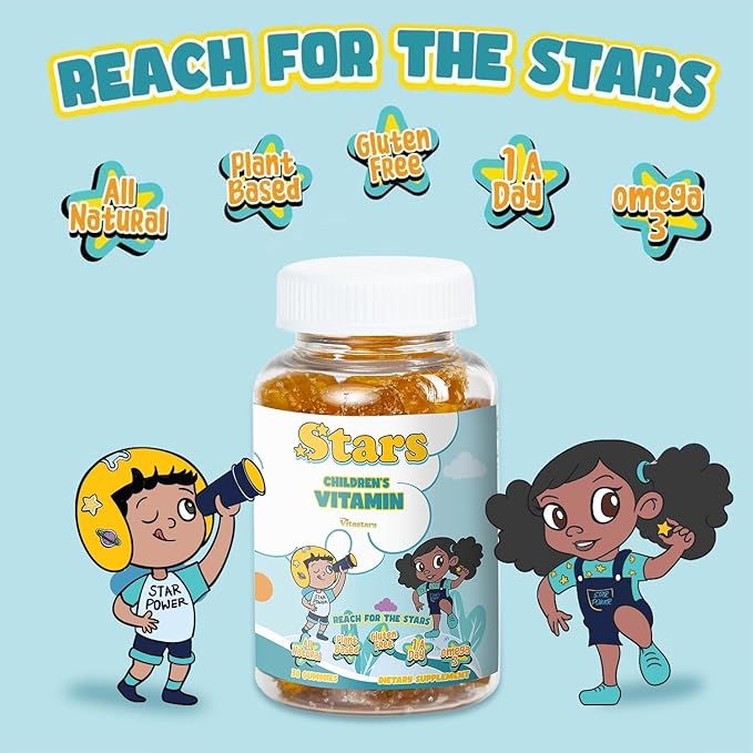 Stars Kids Multivitamin Gummies with Omega 3, Vitamins for Kids with A, B, C, D, Plant Based Multi Vitamins for Children, Manganese, 60 Star-Shaped Multivitamin for Kids, Gluten-Free Gummy Vitamins