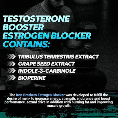 Testosterone Booster for Men with Estrogen Blocker - Natural Anti-Estrogen Supplement to Increase Libido & Strength - Boost Muscle Growth & Weight Loss - Indole 3 Carbinol & Tribulus -60 Capsules