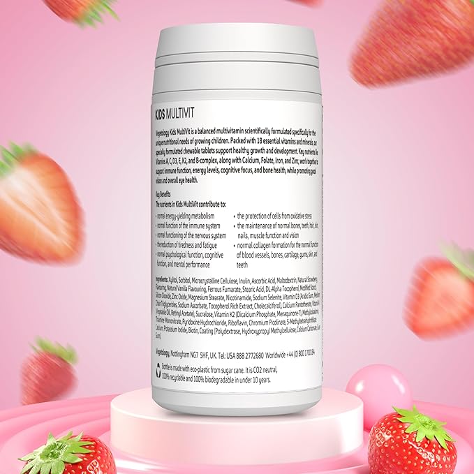 Kids MultiVitamin Supplement, Vegan Chewable Multivitamin for Immune Support, Energy, & Growth, 18 Essential Vitamins & Minerals, Ages 4+ - 60 Tablets, Strawberry