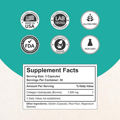 NuBest Collagen Super Collagen Peptides - Revitalizes Skin, Hair & Nails - Bone & Joint Strength - Beauty Collagen Formula for Men & Women - 1,500 mg Per Serving - 90 Capsules | 1 Month Supply