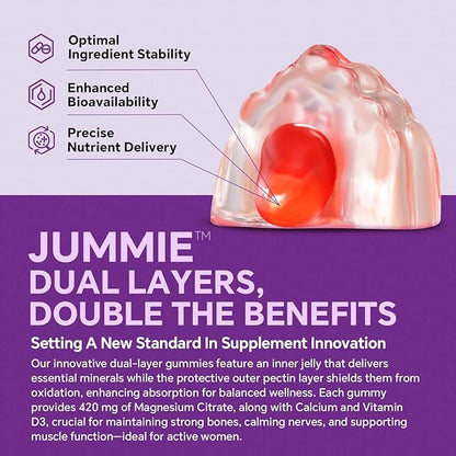 Magnesium Citrate Gummies 420mg for Adult - Dual Layer - w/ 10 Billion CFU - 5 Strains Probiotics & Calcium,D3,Biotin,Iron,B6,B12,Folate,Supports for Bone,Nerve,Relaxation,Muscle - Vegan 60 Cts