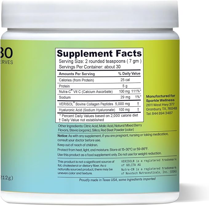 Sparkle Wellness Skin Boost Plus (Mixed Berry) [30-Serves] | Collagen Powder Supplement with VERISOL Bioactive Hydrolyzed Collagen Peptides, Vitamin C & Hyaluronic Acid to Improve Skin Elasticity