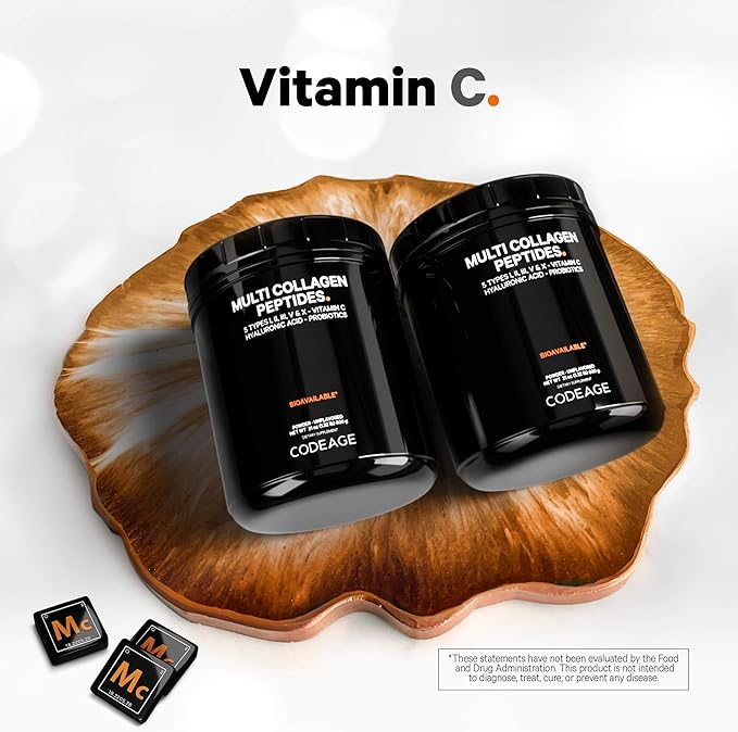 Codeage Multi Collagen Peptides + Probiotics Black Edition, Vitamin C, Hyaluronic Acid Powder Supplement, Grass-Fed, Pasture-Raised, Hydrolyzed, Zero Carbs, Type I, II, III, V & X, Unflavored, 21oz