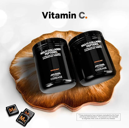 Codeage Multi Collagen Peptides + Probiotics Black Edition, Vitamin C, Hyaluronic Acid Powder Supplement, Grass-Fed, Pasture-Raised, Hydrolyzed, Zero Carbs, Type I, II, III, V & X, Unflavored, 21oz