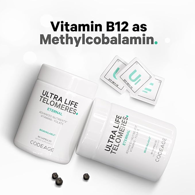 Codeage Ultra Life Telomeres Supplement - 5 MTHF Folate Vitamin B9, Vitamin B12 Methylcobalamin, Vitamin D3, L-Theanine, Ashwagandha - 3-Month Supply - DNA, Methylation Cycle - Non-GMO - 90 Capsules