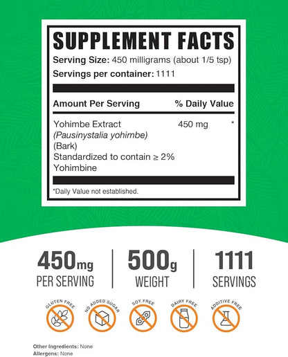 BulkSupplements.com Yohimbe Extract Powder - Yohimbe Bark Extract, Yohimbe Supplements, Yohimbe Bark Powder - Herbal Supplement, Gluten Free, 450mg per Serving, 500g (1.1 lbs) (Pack of 1)