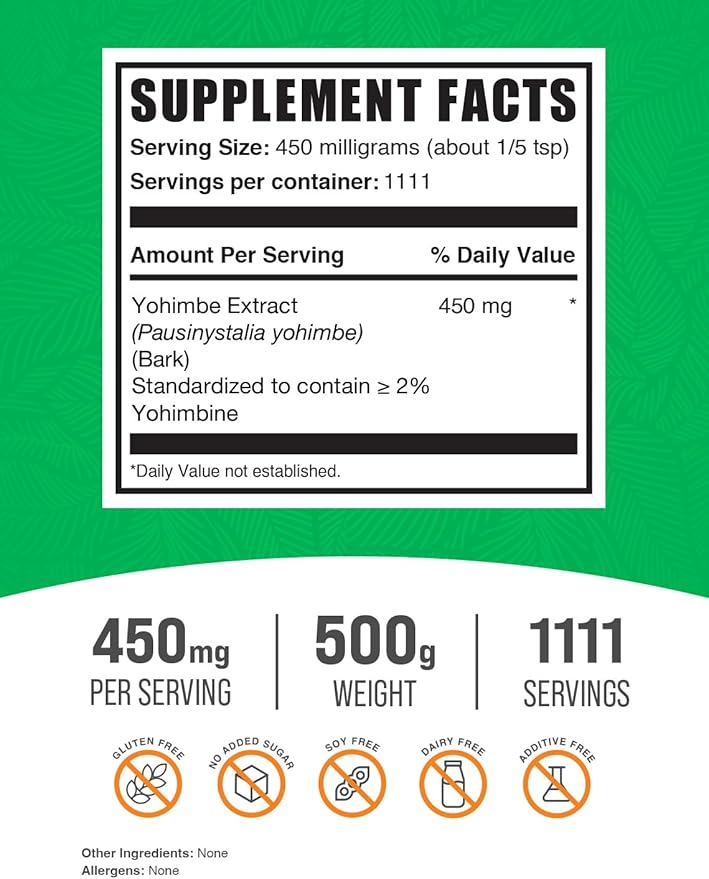 BulkSupplements.com Yohimbe Extract Powder - Yohimbe Bark Extract, Yohimbe Supplements, Yohimbe Bark Powder - Herbal Supplement, Gluten Free, 450mg per Serving, 500g (1.1 lbs) (Pack of 1)